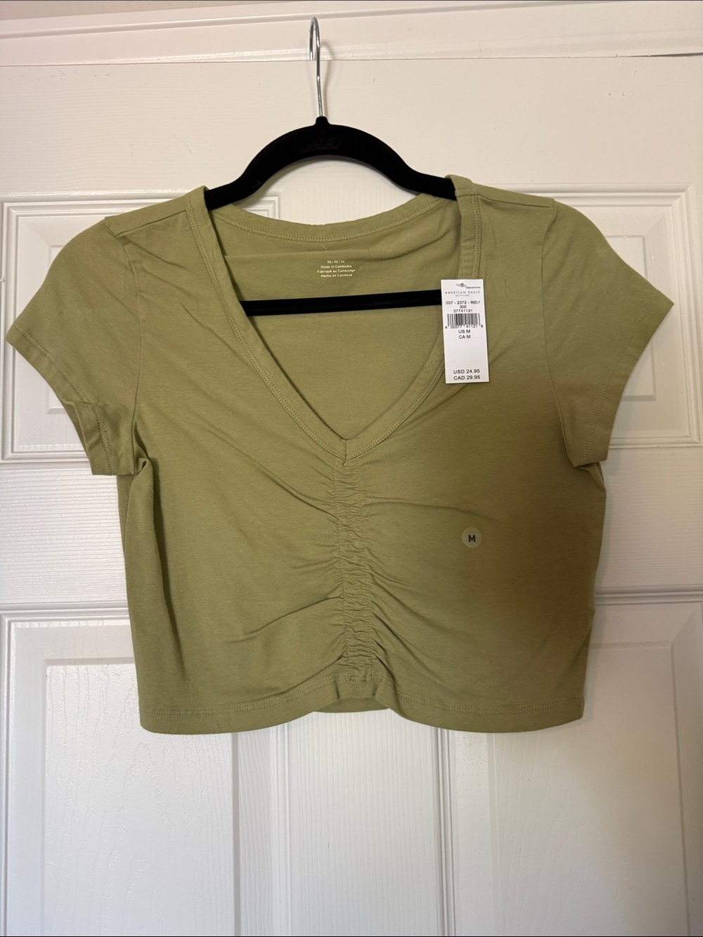American Eagle Outfitters Olive Ruched V-Neck Crop Top